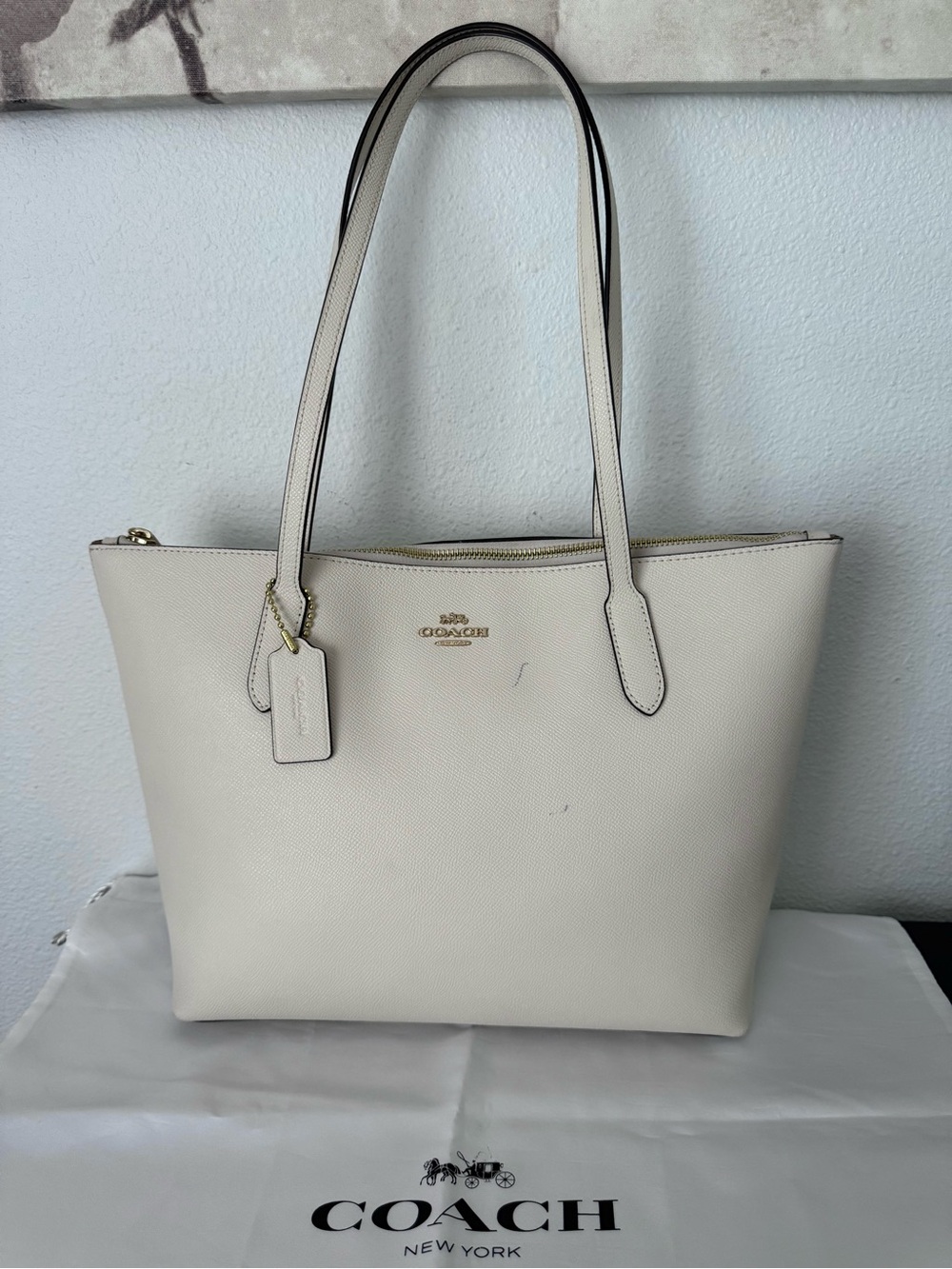 Coach Cream Leather Tote with Gold Hardware and Top Zip